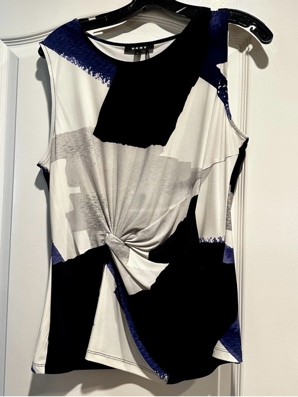 DKNY Sleeveless Blouse Womens Large Abstract Colorblock Ruched Knot Top